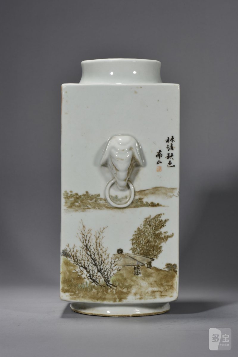 清光绪 程南山浅绛彩山水花鸟琮式瓶 - 图7